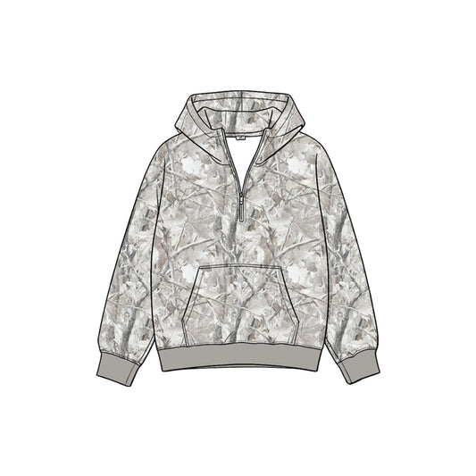 (Preorder new) No moq GT1938 Baby Grey Leaves Camo Zip Pocket Hoodies Top Casual Hooded Top