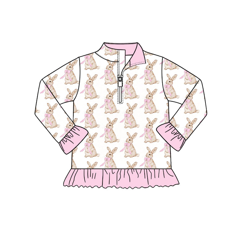 (Preorder new) No moq Baby Girls Pink Bunny Print Bamboo Pajama Set Ruffle Half Zip Sleepwear Minky Blanket