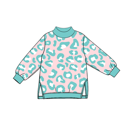 (Preorder new) No moq yoga fabric GT1953 Baby Girls Pink Mint Leopard Print Long Sleeve Crew Neck Yoga Top
