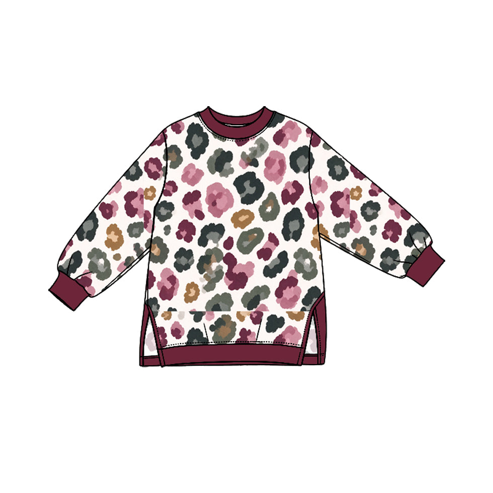 (Preorder new) No moq yoga fabric GT1954 Baby Girls Leopard Print Long Sleeve Crew Neck Tunic Yoga Top