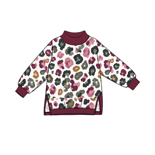 (Preorder new) No moq yoga fabric GT1954 Baby Girls Leopard Print Long Sleeve Crew Neck Tunic Yoga Top