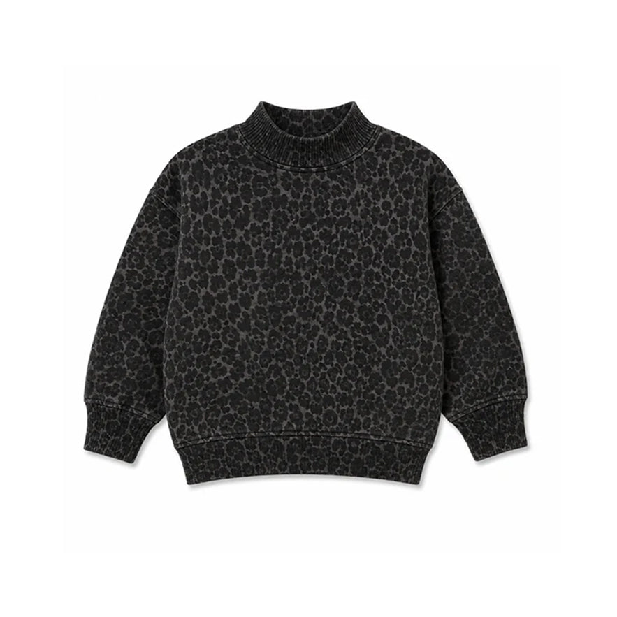 (Preorder new) No moq High Neck Baby Girls Dark Grey Leopard Print Mock Neck Long Sleeve Sweatshirt And Romper
