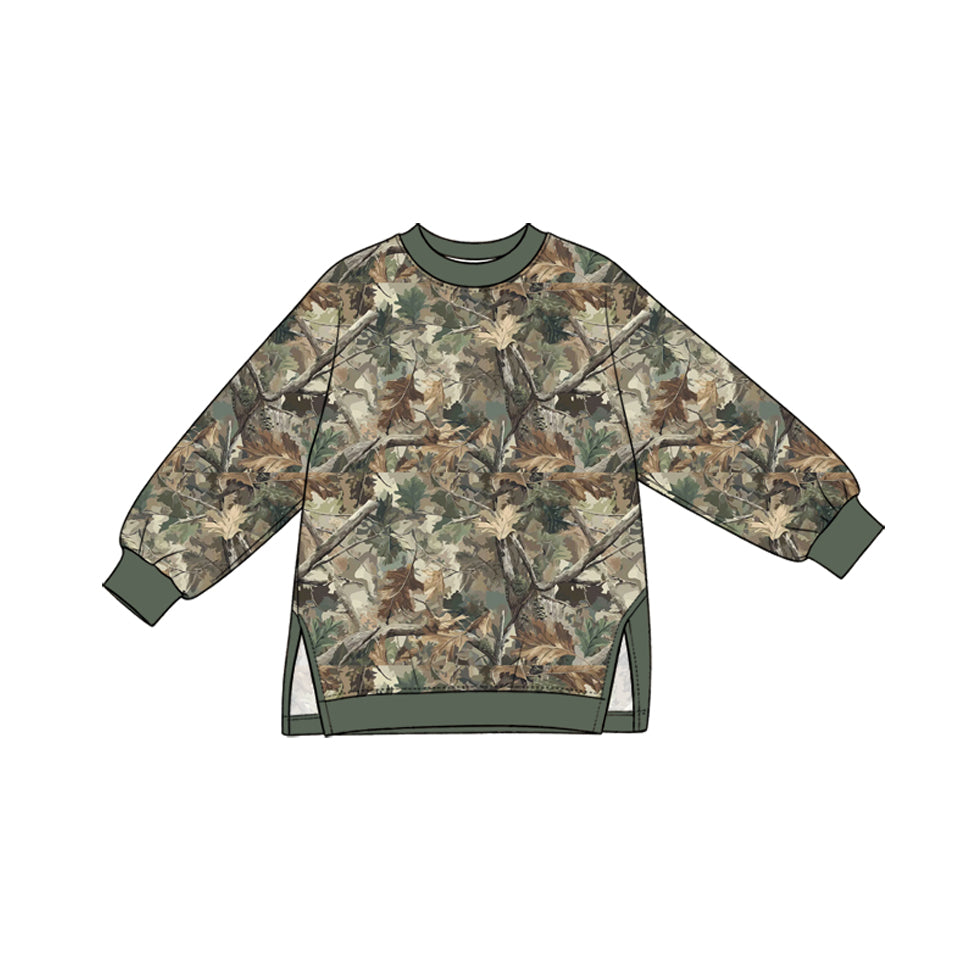 (Preorder new) No moq yoga fabric Baby Girls Tree Camo Print Crew Neck Long Sleeve Side Slit Pullover Yoga Top