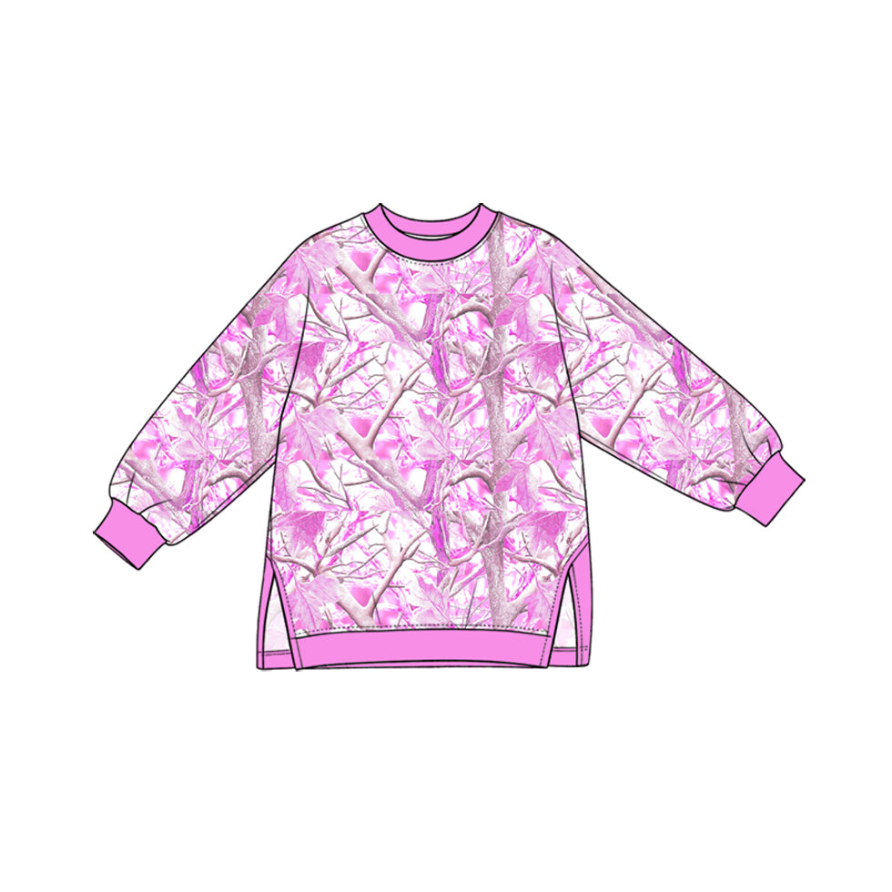 (Preorder new) No moq yoga fabric Baby Girls Tree Camo Print Crew Neck Long Sleeve Side Slit Pullover Yoga Top