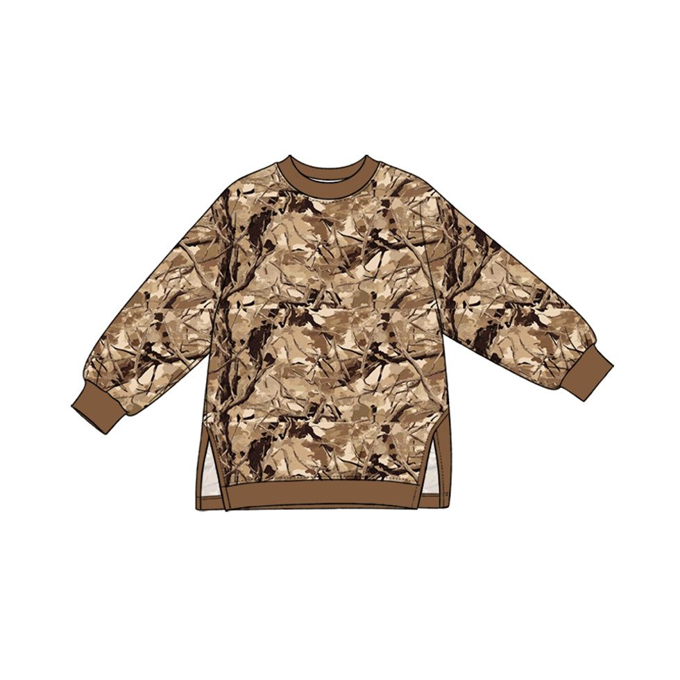 (Preorder new) No moq yoga fabric Baby Girls Tree Camo Print Crew Neck Long Sleeve Side Slit Pullover Yoga Top