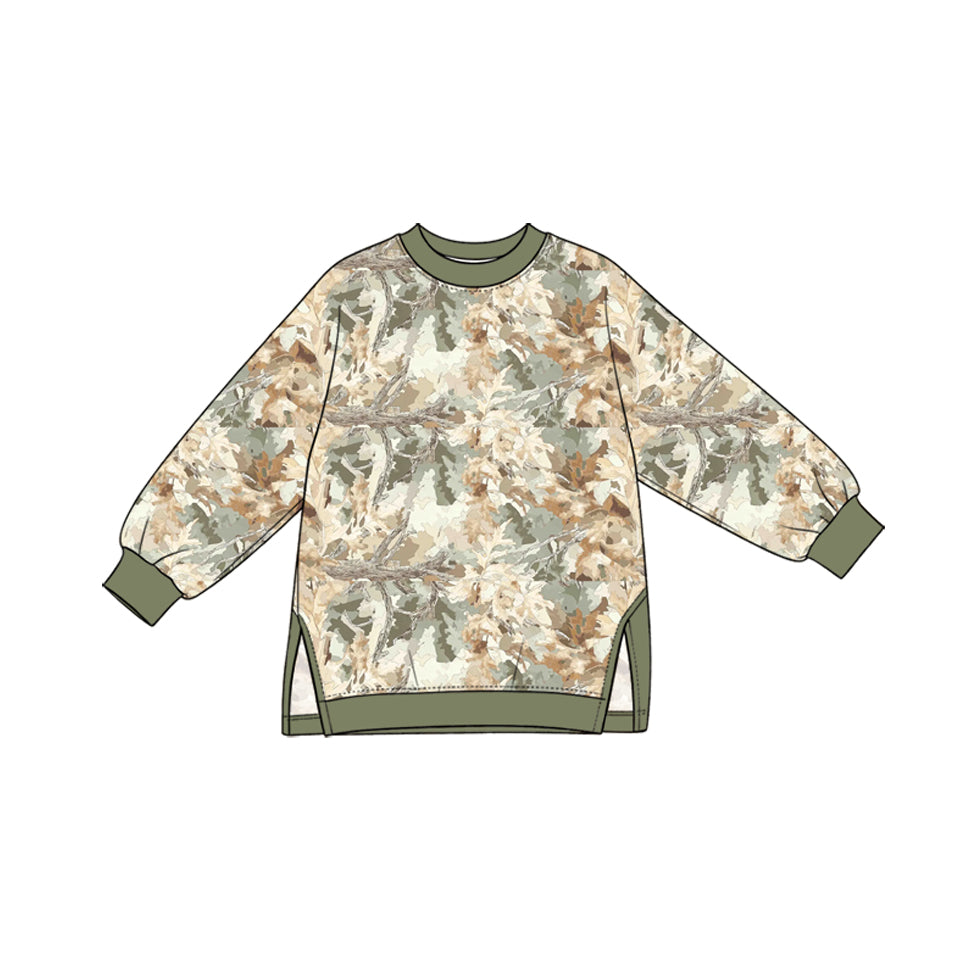 (Preorder new) No moq yoga fabric Baby Girls Tree Camo Print Crew Neck Long Sleeve Side Slit Pullover Yoga Top