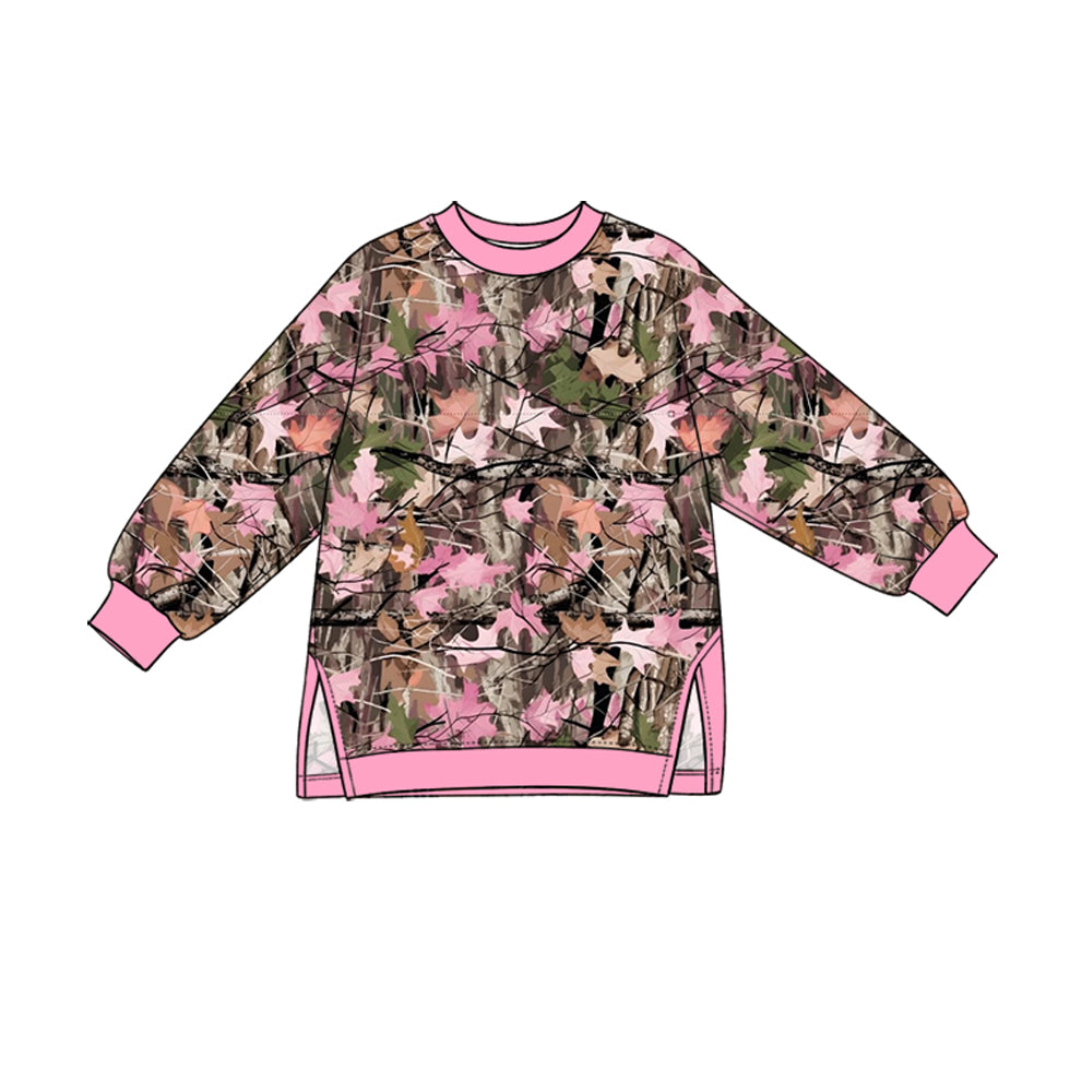 (Preorder new) No moq yoga fabric Baby Girls Tree Camo Print Crew Neck Long Sleeve Side Slit Pullover Yoga Top