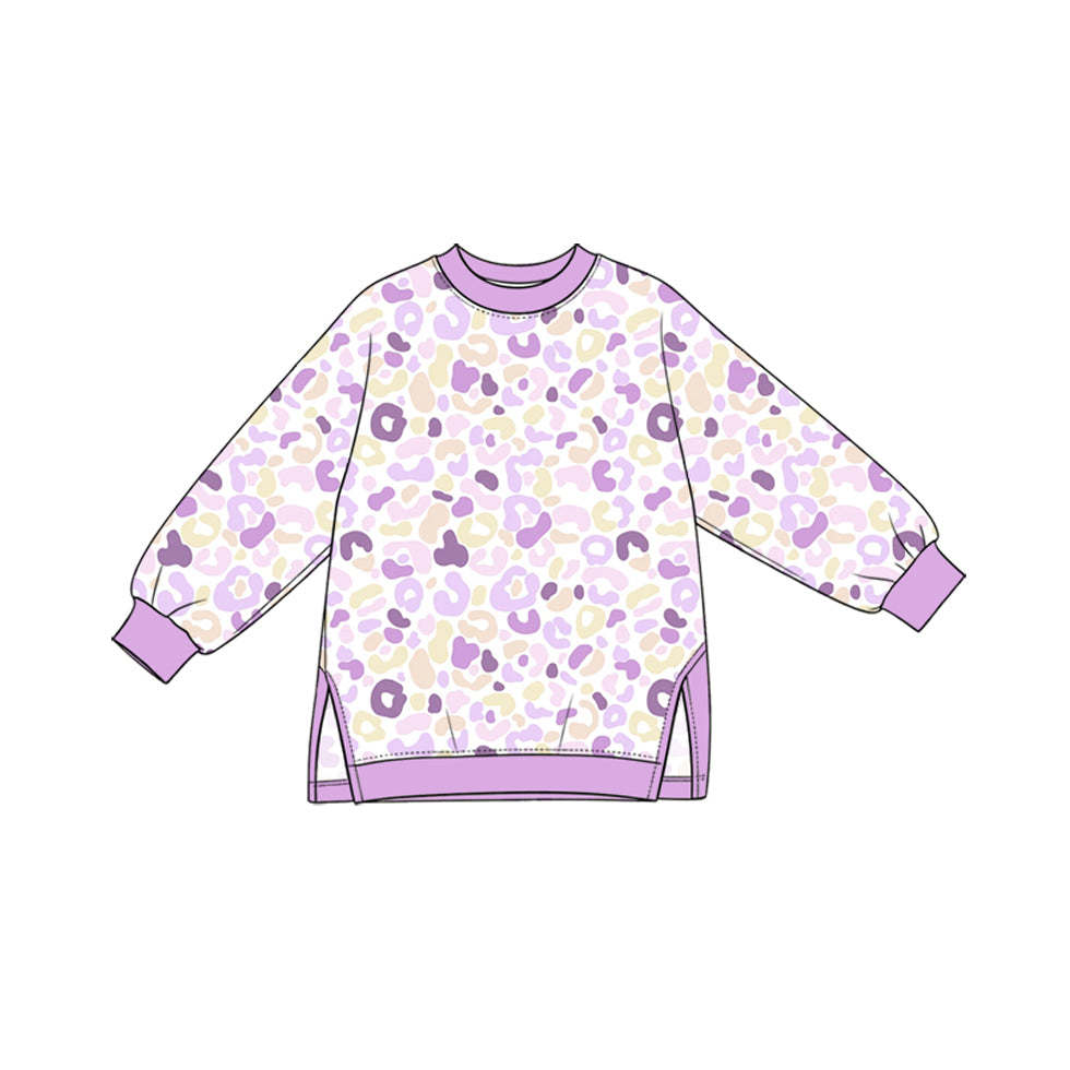 (Preorder new) No moq yoga fabric Baby Girls Leopard Print Crew Neck Long Sleeve Side Slit Pullover Yoga Top