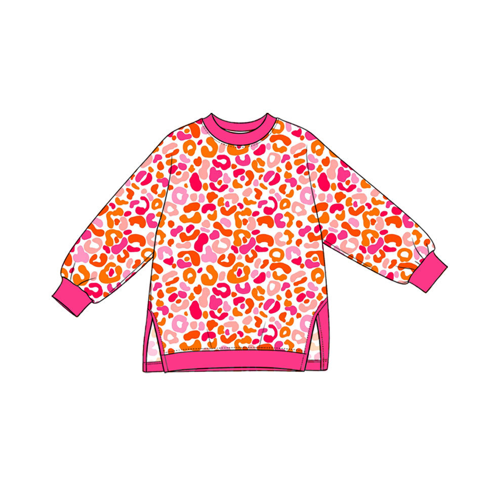 (Preorder new) No moq yoga fabric Baby Girls Leopard Print Crew Neck Long Sleeve Side Slit Pullover Yoga Top