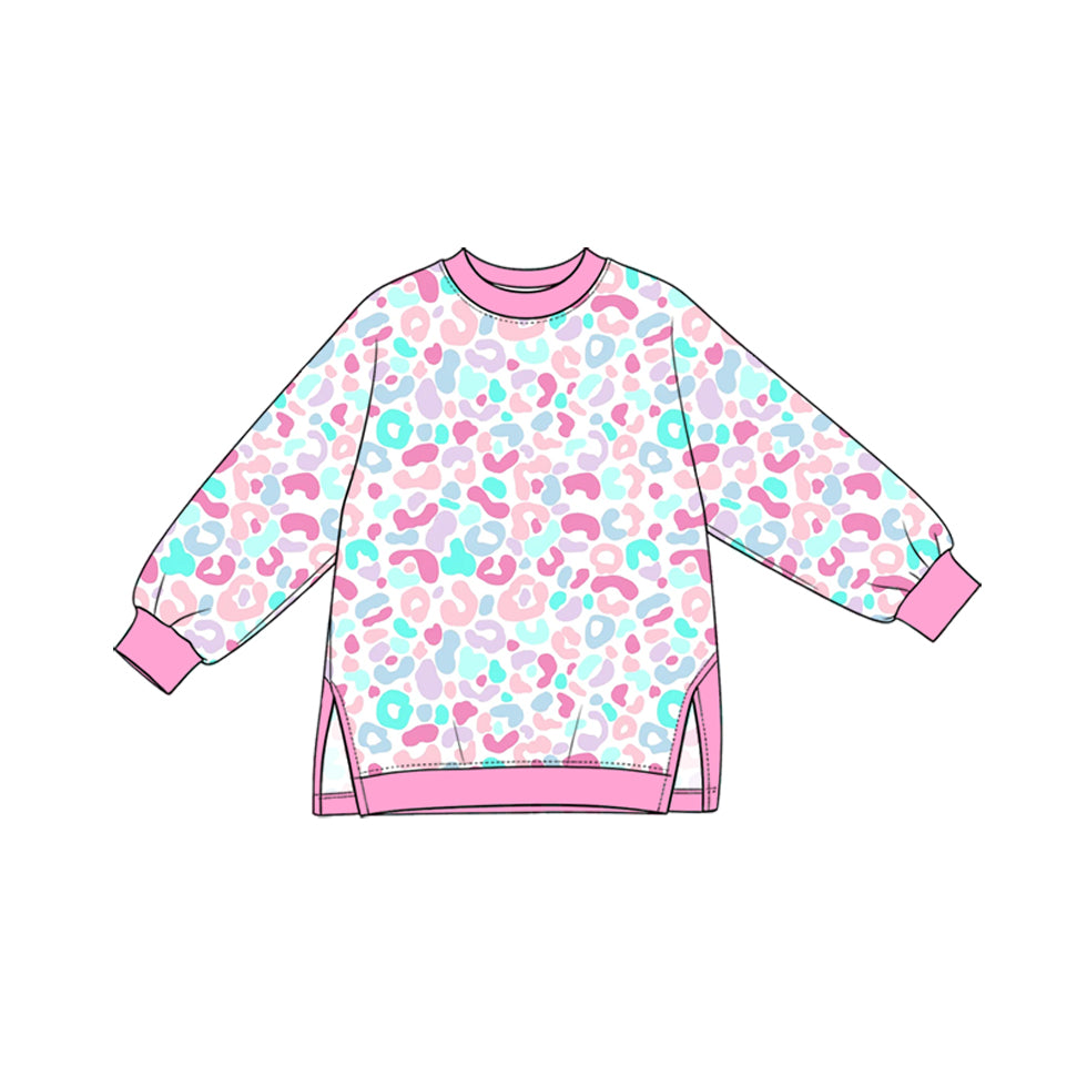 (Preorder new) No moq yoga fabric Baby Girls Leopard Print Crew Neck Long Sleeve Side Slit Pullover Yoga Top
