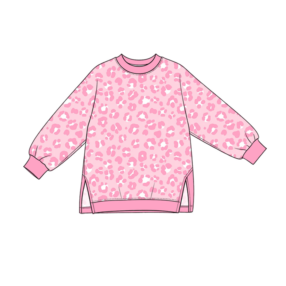 (Preorder new) No moq yoga fabric Baby Girls Leopard Print Crew Neck Long Sleeve Side Slit Pullover Yoga Top