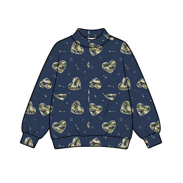 (Preorder new) No moq High Neck Baby Girls Navy Camo Heart Print Mock Neck Long Sleeve Sweatshirt And Romper