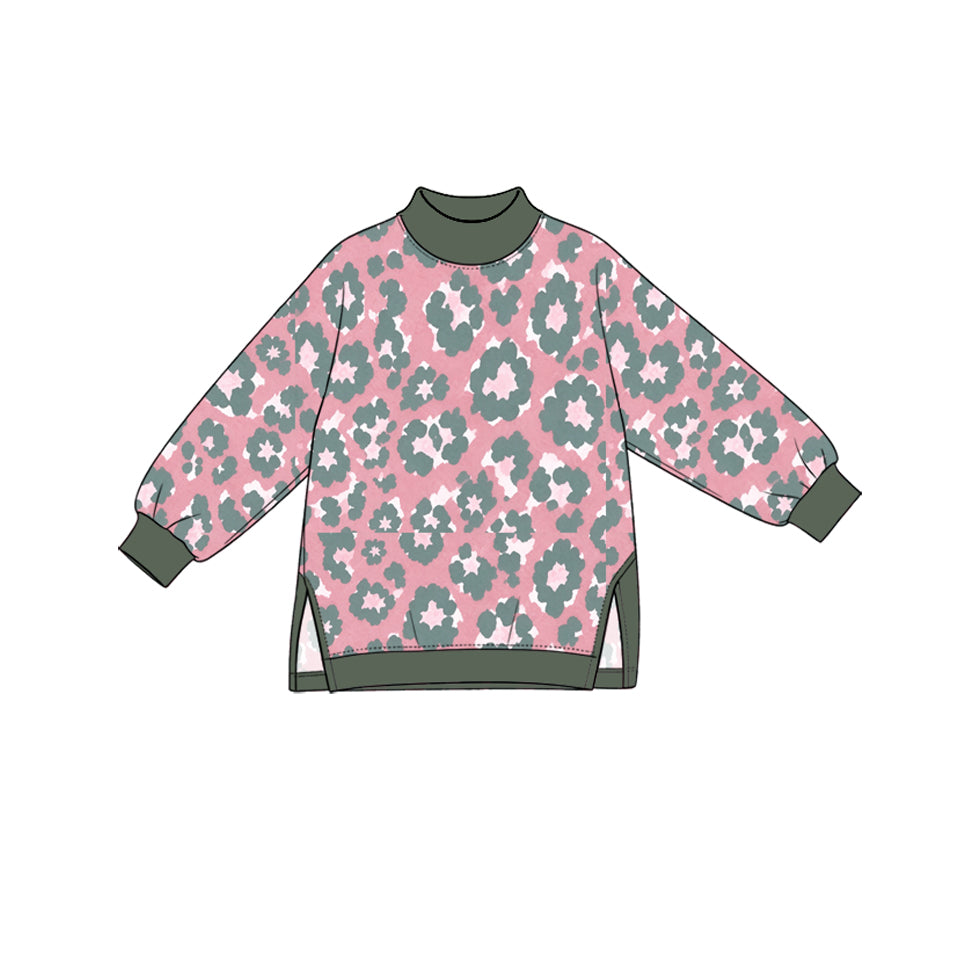 (Preorder new) No moq yoga fabric Baby Girls Leopard  Print Long Sleeve Side Slit Pullover Yoga Top