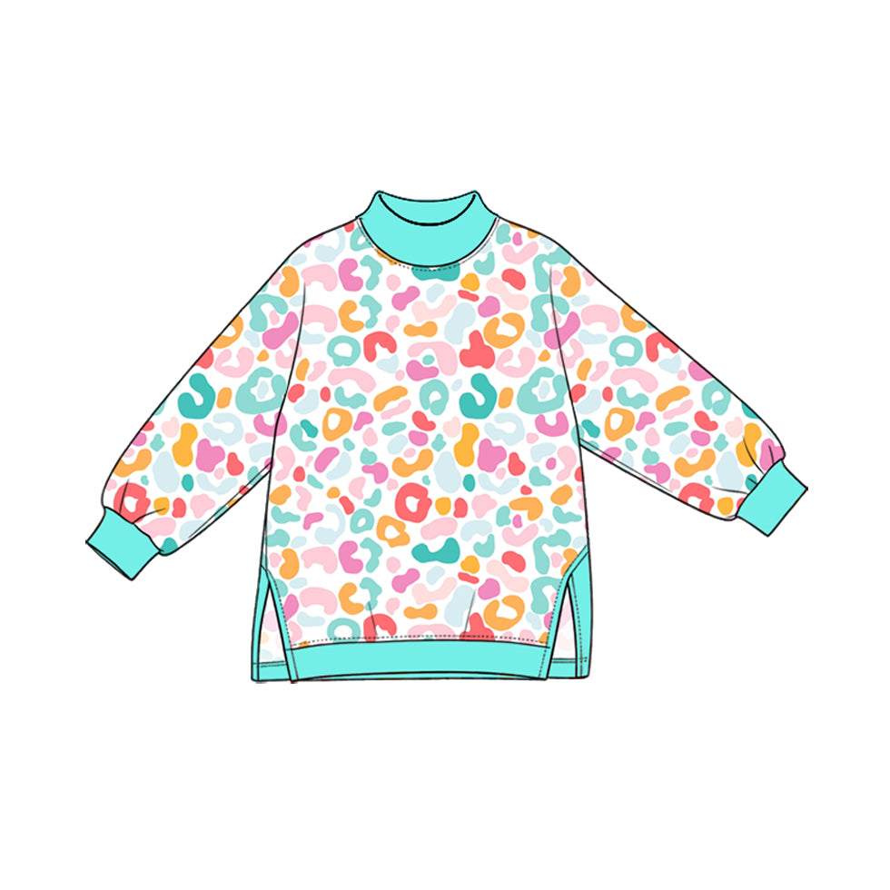 (Preorder new) No moq yoga fabric Baby Girls Leopard Print Crew Neck Long Sleeve Side Slit Pullover Yoga Top