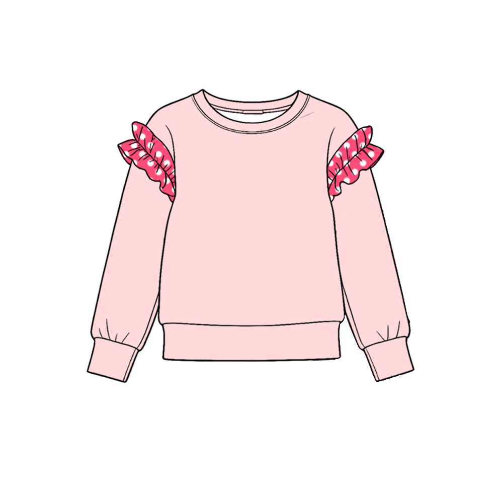 (Preorder new) No moq Baby Girls Crew Neck Polka Dot Ruffle Shoulder Long Sleeve Top