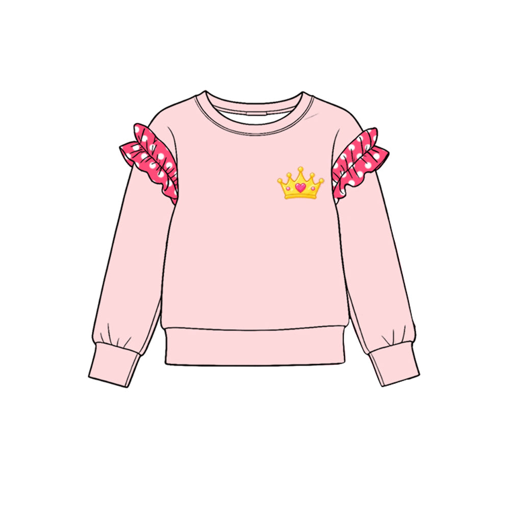 (Preorder new) No moq Baby Girls Crew Neck Polka Dot Ruffle Shoulder Long Sleeve Cute Shirt Top