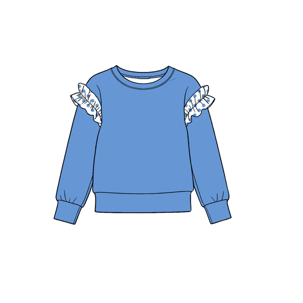 (Preorder new) No moq Baby Girls Crew Neck Solid color Ruffle Shoulder Long Sleeve Top