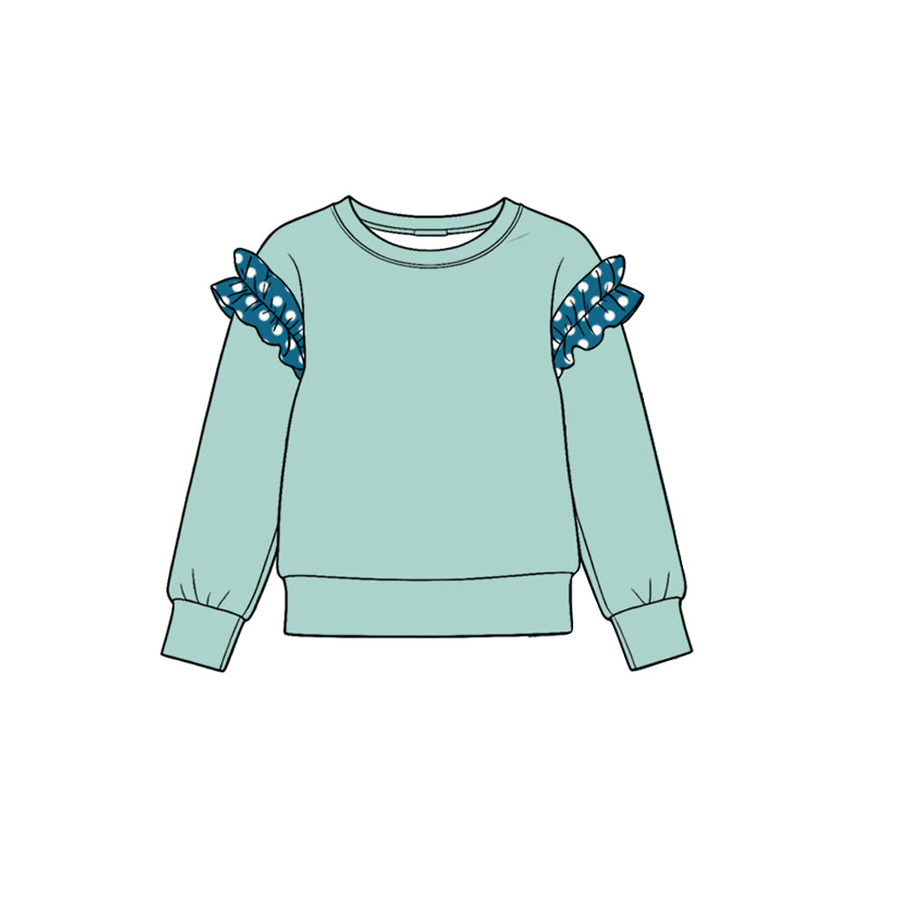 (Preorder new) No moq Baby Girls Crew Neck Solid color Ruffle Shoulder Long Sleeve Top