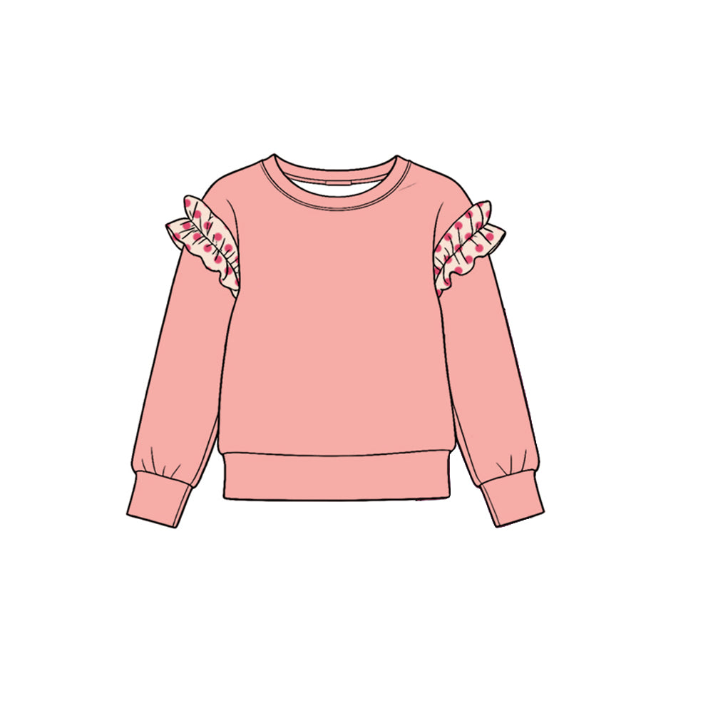 (Preorder new) No moq Baby Girls Crew Neck Solid color Ruffle Shoulder Long Sleeve Top