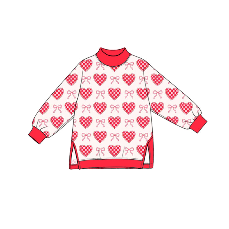 (Preorder new) No moq yoga fabric GT2009 High Neck Baby Girls Valentines Red Gingham Heart Bow Print Red Mock Neck Long Sleeve Tunic Yoga Top