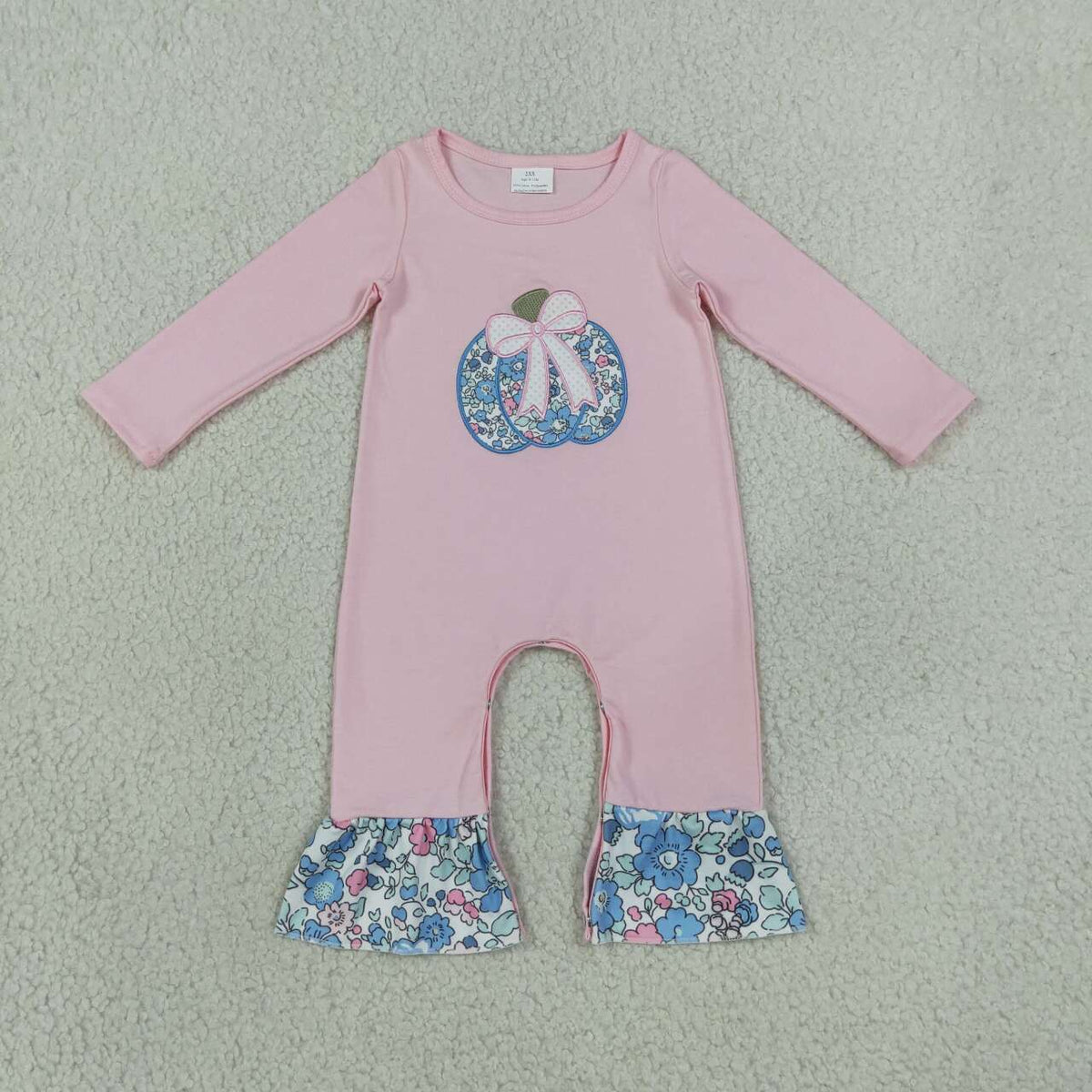 NEW RTS NO MOQ milk silk LR3021 Embroidery Baby Girls Floral Pumpkin Print Long Sleeve Ruffle Romper
