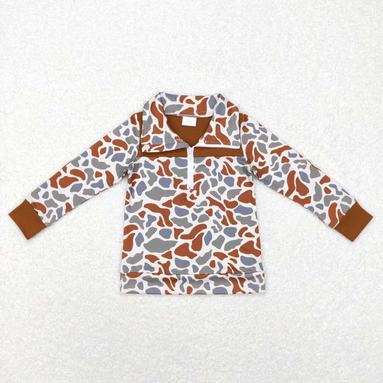 RTS NO MOQ（In Stock) Camouflage brown and green zippered long-sleeved top