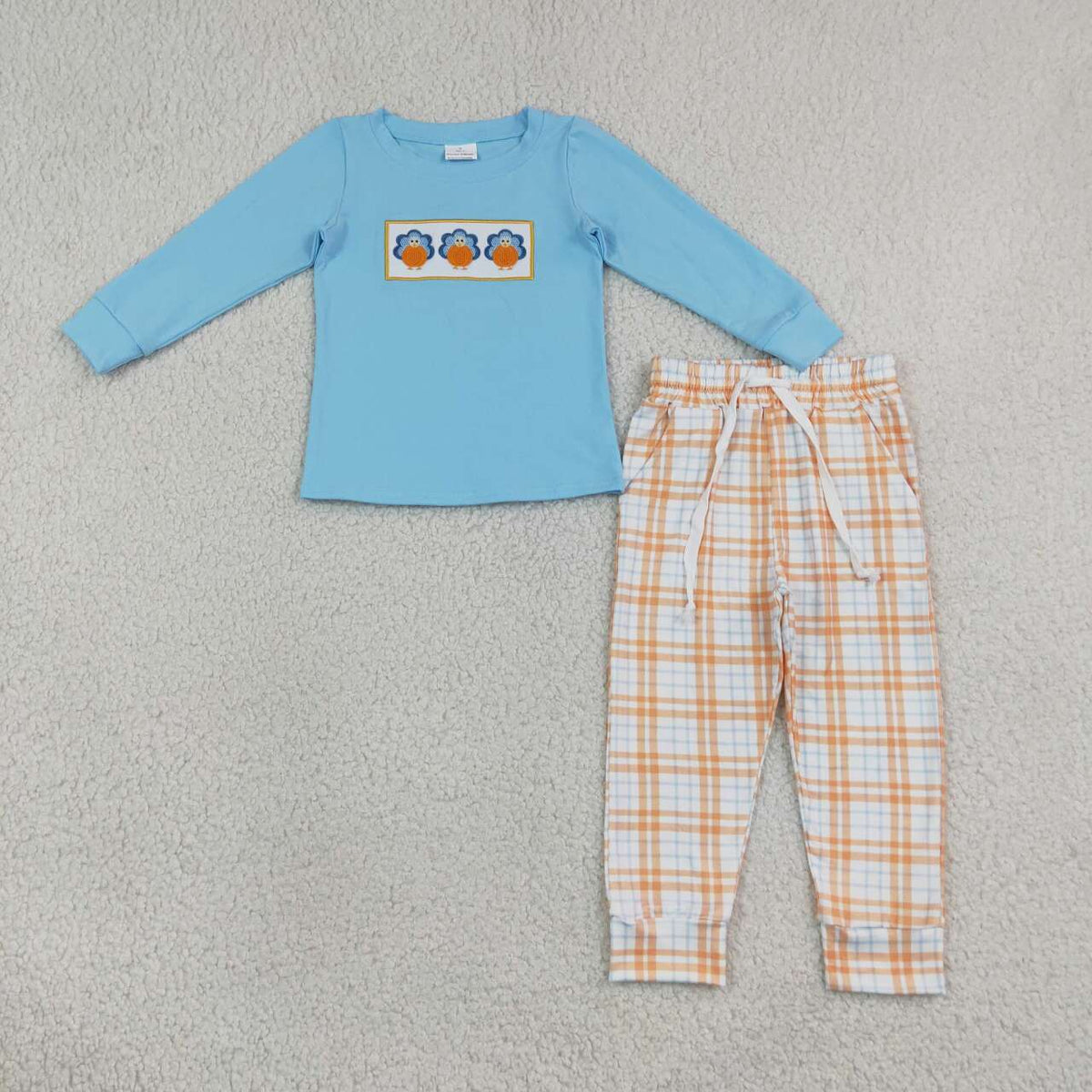 NEW RTS NO MOQ milk silk BLP1498 Embroidery Baby Boys Long Sleeve Top Pockets Pant Thanksgivings Clothes Sets