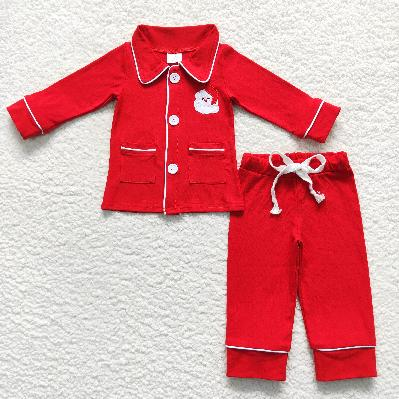 RTS NO Family Christmas Santa 2pcs Button Ups Red Pajamas Embroidered cotton Santa Claus Embroidery