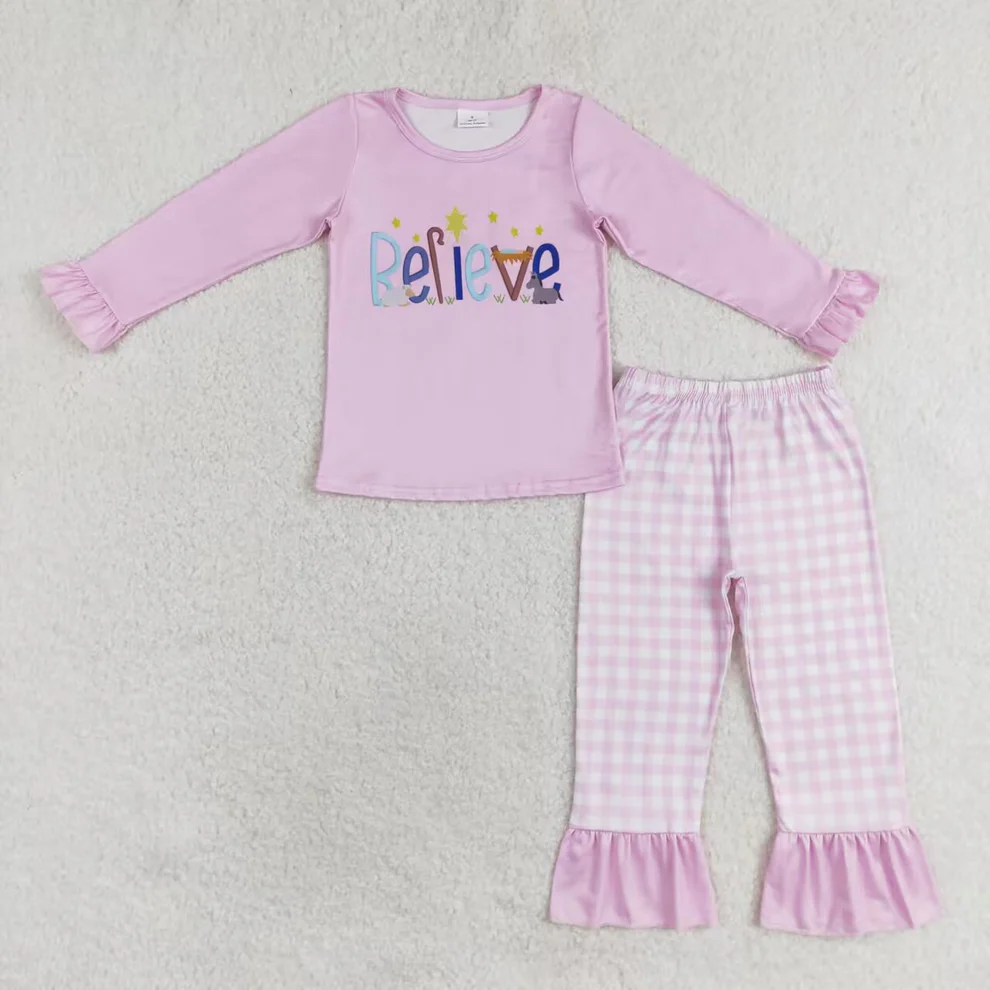 RTS NO MOQ Baby Girls Boys Sibling Christmas Believe Top Pants Clothes Sets