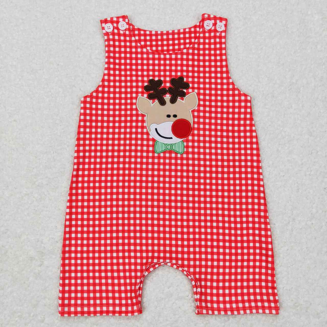 RTS NO MOQ（In Stock) Embroidered Fawn Red Plaid Sleeveless Jumpsuit