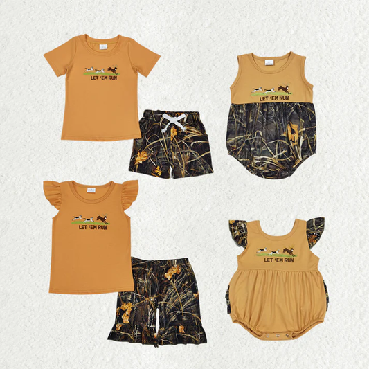 RTS Baby Girls Boys Dog Hunting Deer Sibling Camo Shorts Clothes Sets