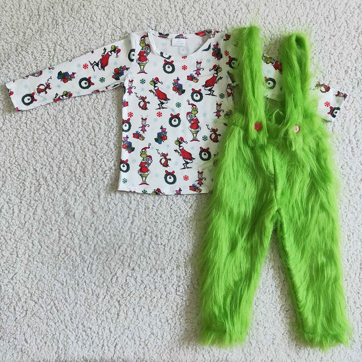 RTS NO MOQ Boys and Girls Christmas Tree Fur Long Sleeve and Pants Set