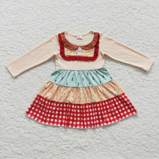 RTS NO MOQ（In Stock) GLD0246 Christmas Tree Red Plaid Beige Long Sleeve Dress