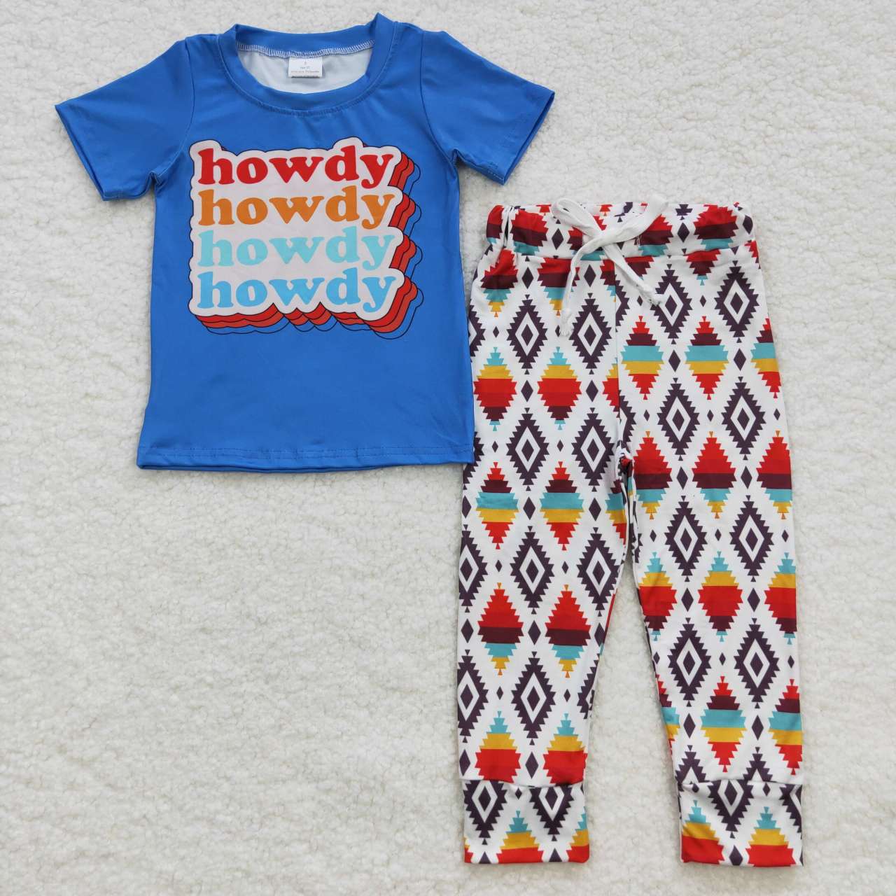 RTS NO MOQ（In Stock) BSPO0137 howdy letter blue short sleeve aztec graphic pant suit