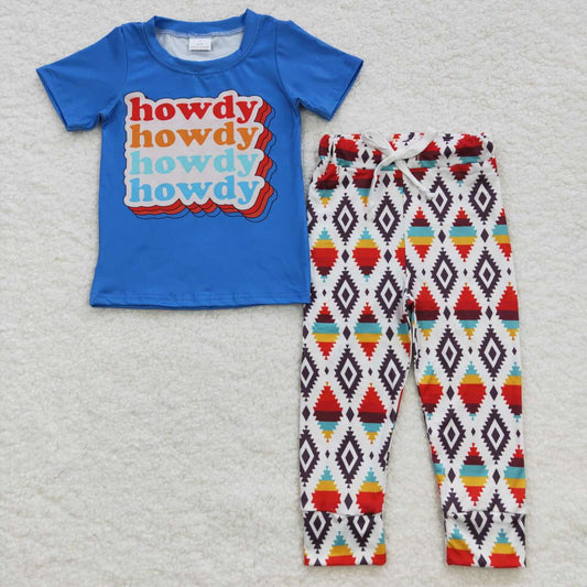 RTS NO MOQ（In Stock) BSPO0137 howdy letter blue short sleeve aztec graphic pant suit