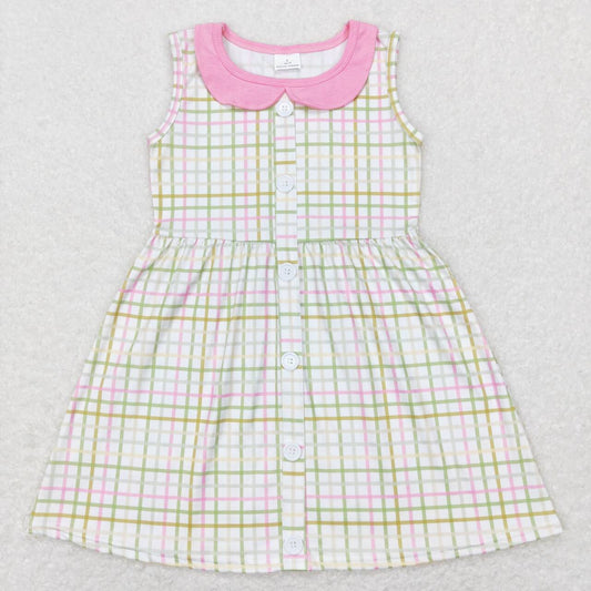 RTS NO MOQ（In Stock) Green striped pink baby doll collar sleeveless dress