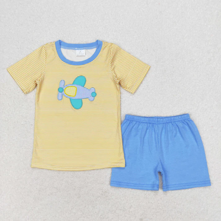 RTS NO MOQ embroidery boys Baby Boys Plane Sibling Brother Summer Rompers Clothes Sets