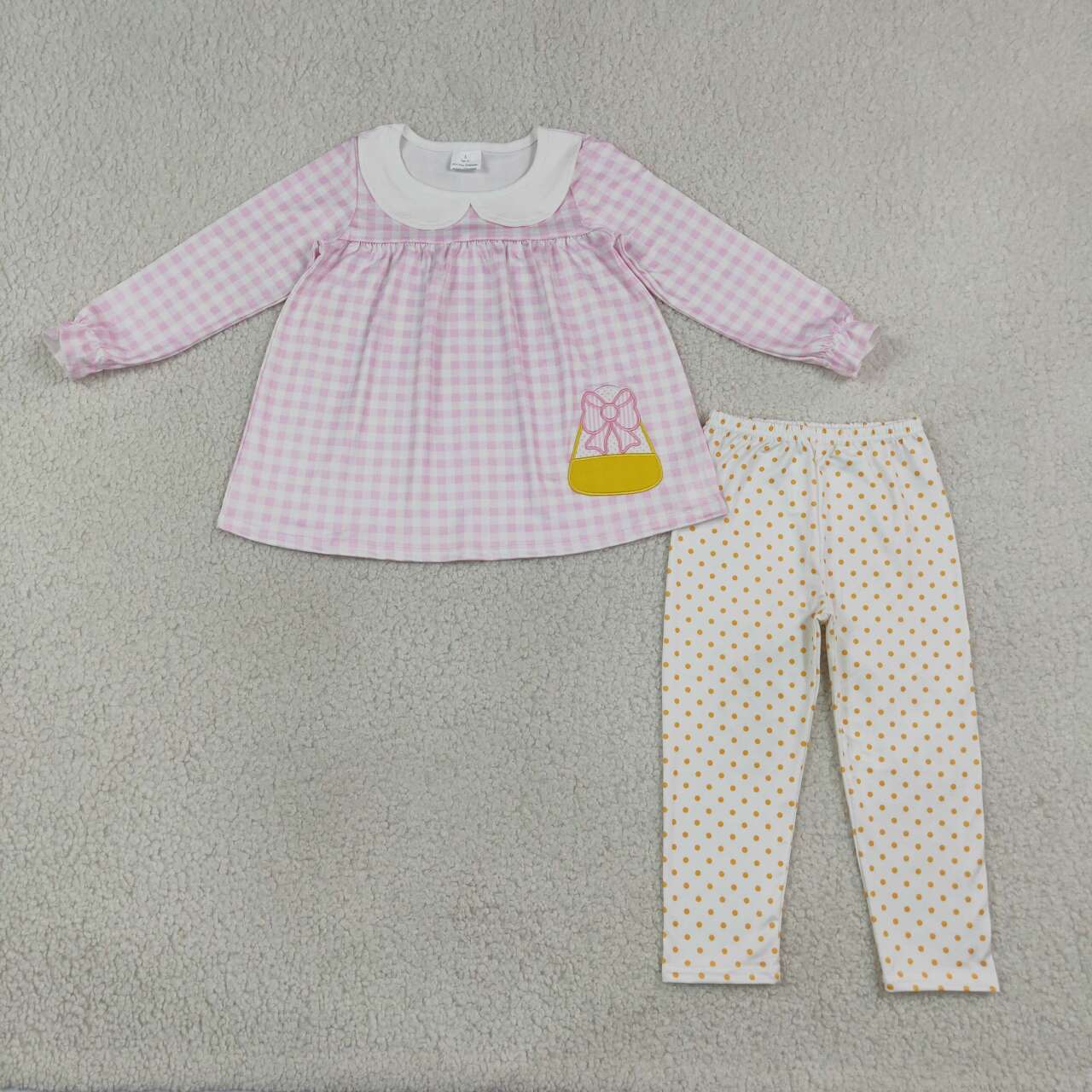 NEW RTS NO MOQ milk silk GLP3320 Embroidery Baby Girls Pink Checked Candy Collar Long Sleeve Tunic Top Leggings Halloween Outfit Set
