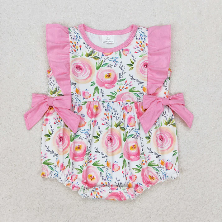 RTS NO MOQ Baby Baby Girls Pink Rose Flowers Summer Sibling Rompers Clothes Sets