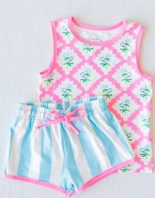 Sleeveless Floral Plaid Blue and White Vertical Stripe Shorts Set