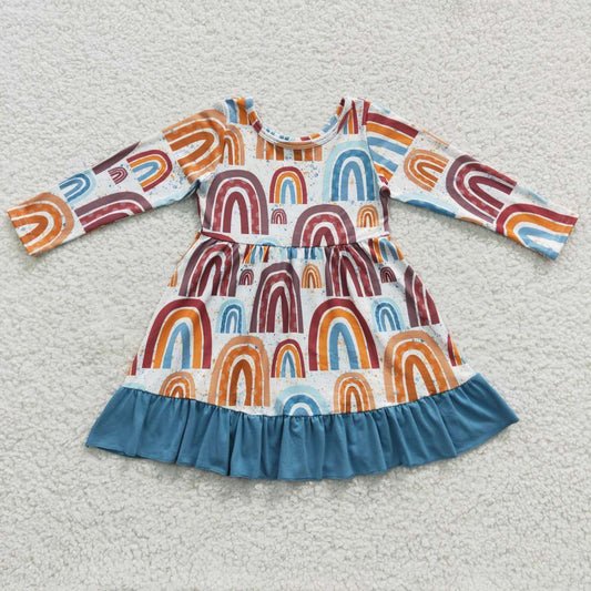 RTS NO MOQ（In Stock）GLD0205 Rainbow Print Blue Lace Long Sleeve Dress