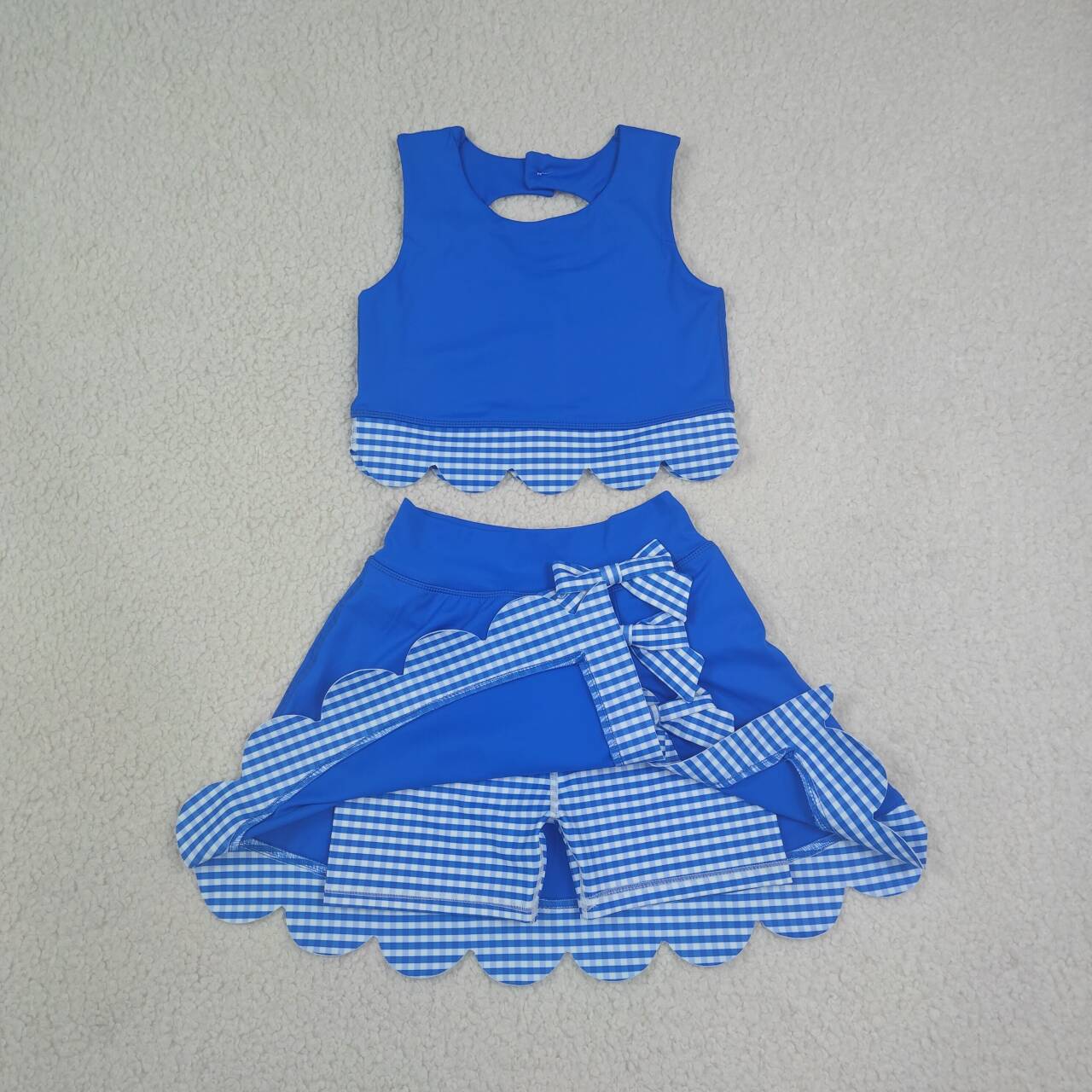 NEW RTS NO MOQ yoga fabric GSD4177 Baby Girls Summer Sleeveless Blue Vest Scallop Skirt Yoga Active Set