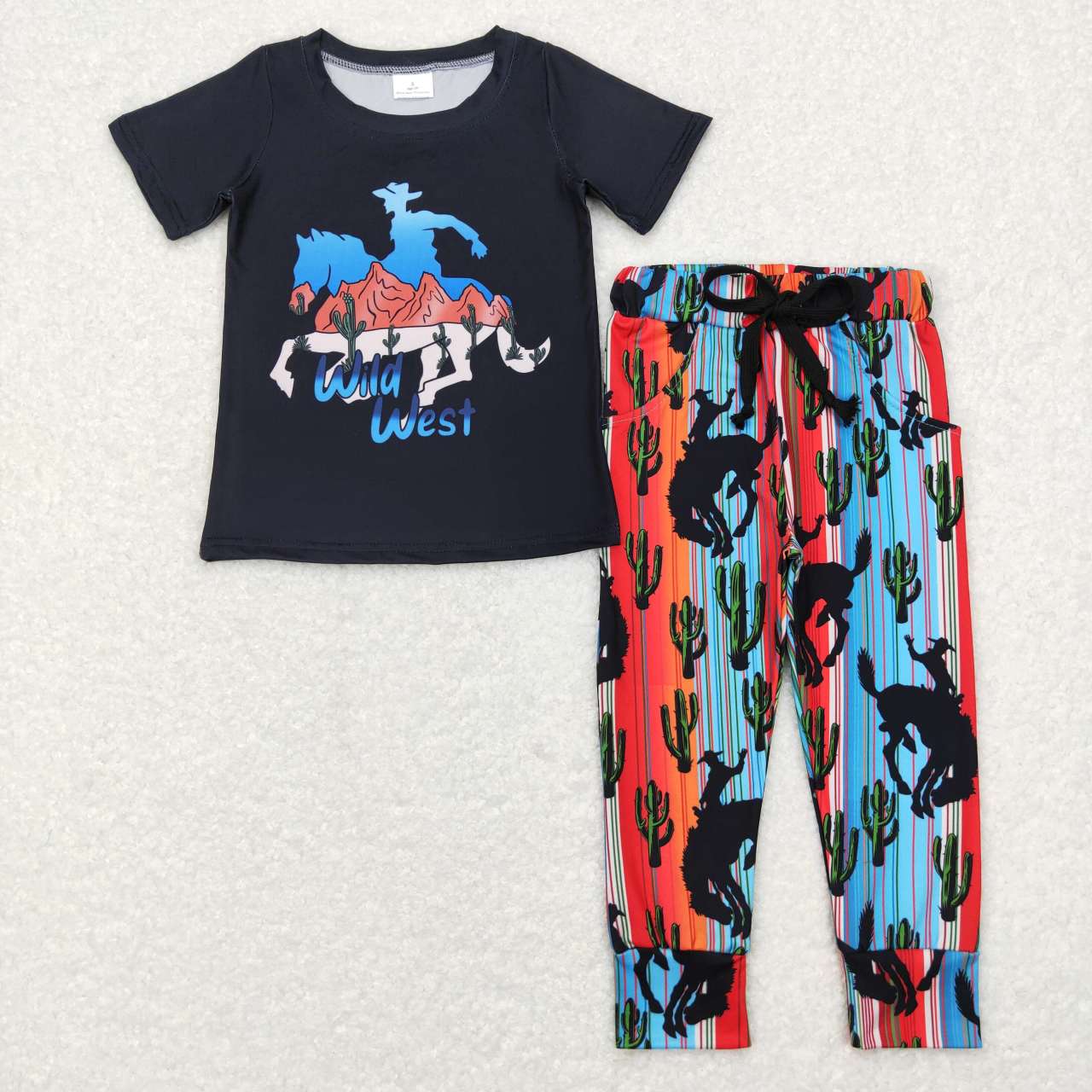 RTS NO MOQ（In Stock) BSPO0138 wild west riding black short sleeve cactus blue and orange striped trousers suit