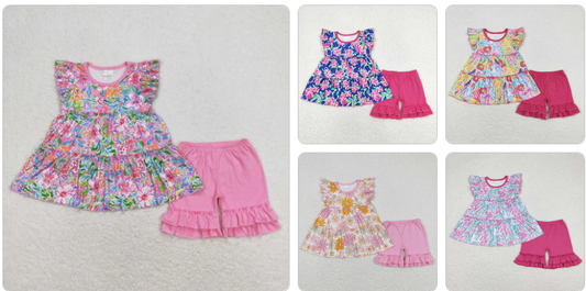 RTS Baby Girls Flowers Tunic Dark Pink Shorts Summer Clothes Sets