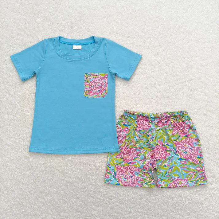 RTS Baby Girls Blue Turtle Summer Sibling Dresses Shorts Clothes Sets Flowers colorful match