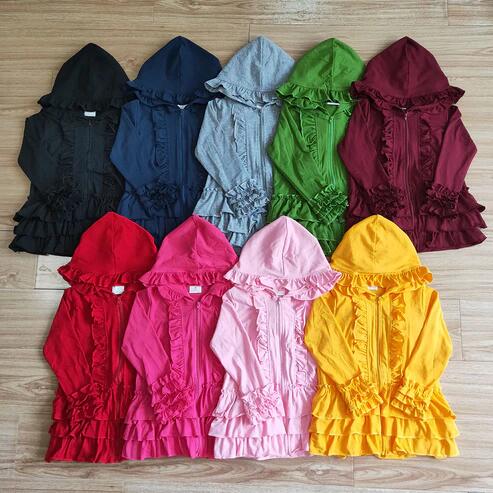 RTS NO MOQ Sibling Baby Girls Zip Ruffle Jackets Cardigans Top