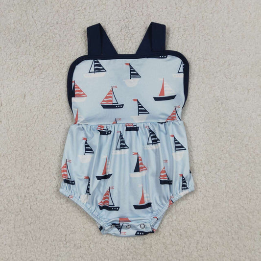 RTS NO MOQ SR3945 Baby Boys Blue Plaid Strap Boat Rompers Cute Clothing