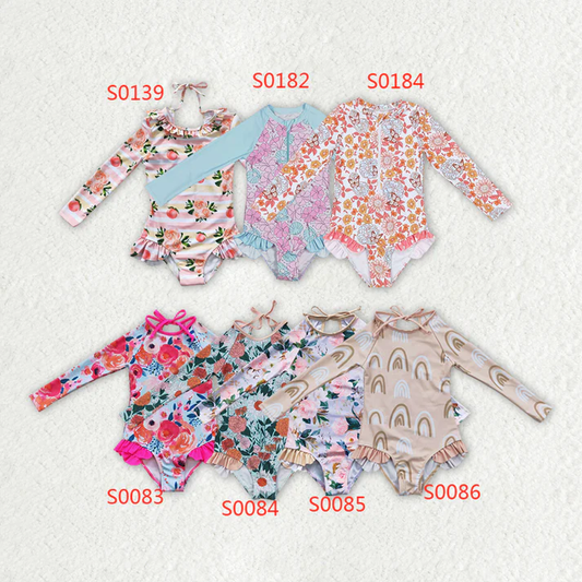 RTS NO MOQ Baby Girls Summer Long Sleeve Flowers One Pieces Swimsuits