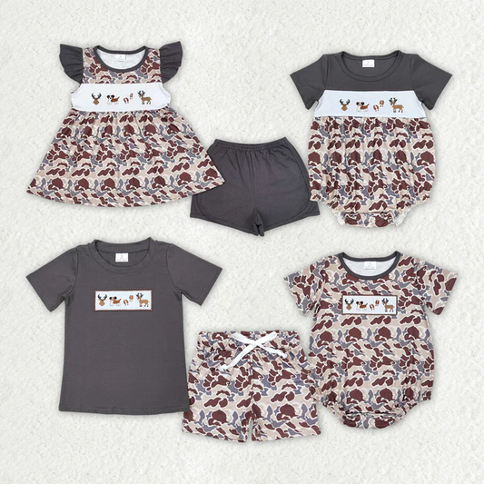 RTS NO MOQ  Baby Girls Camo Dogs Deer Hunting Sibling Boys Rompers Clothes Sets dog embriobery style
