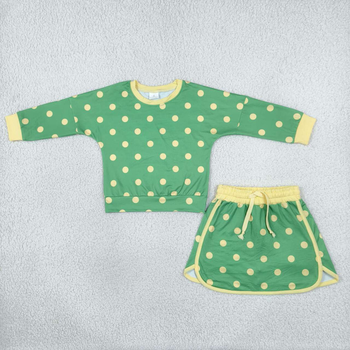 NEW RTS NO MOQ milk silk GLD1764 Baby Girls Green Polka Dot Long Sleeve Top And Drawstring Skort Set